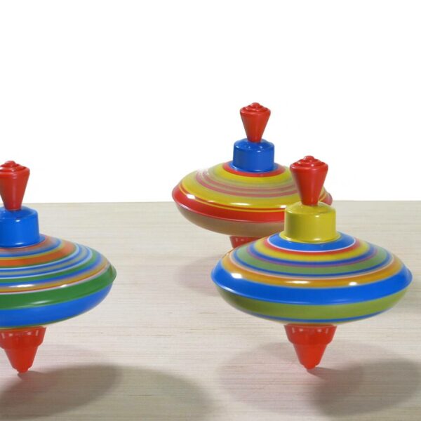 Colorful spinning mini tin tops video