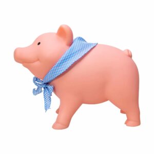 Rubber Piggy Bank with blue gingham bandanna - Left Side