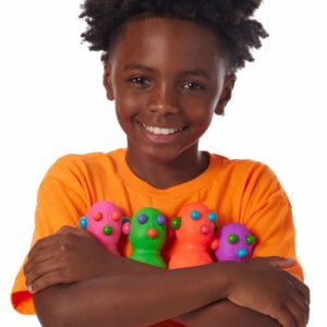 NeeDoh Panic Pete Lifestyle with boy hugging all 4 Panic Pete colors